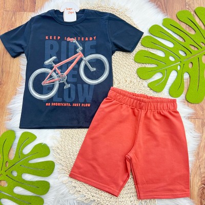 Conj. Camiseta Ride the Flow e Bermuda - Preto e Cor Telha